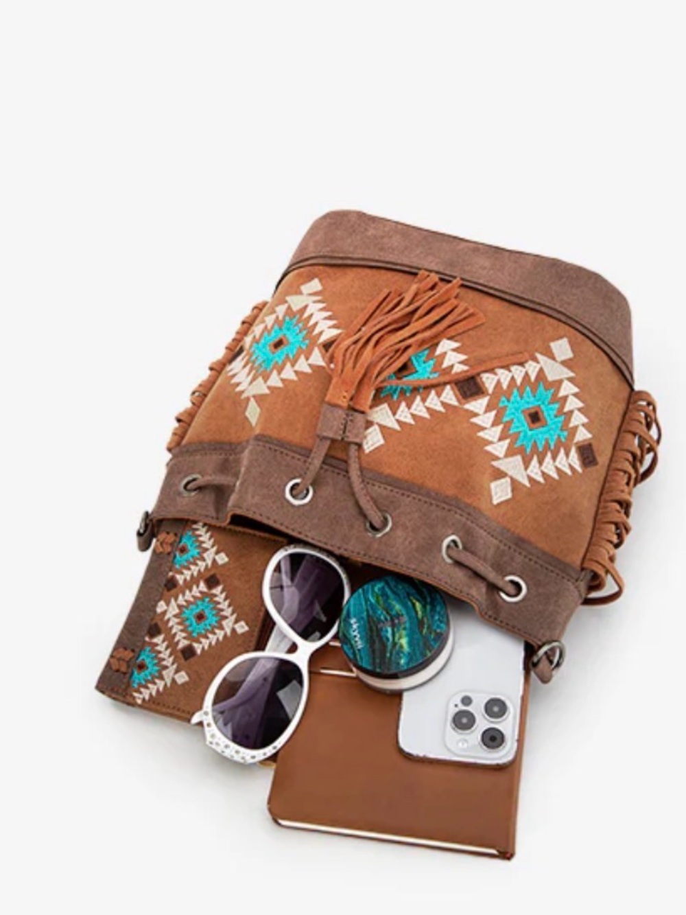 MONTANA WEST AZTEC FRINGE BUCKET BAG - Picture 3 of 13